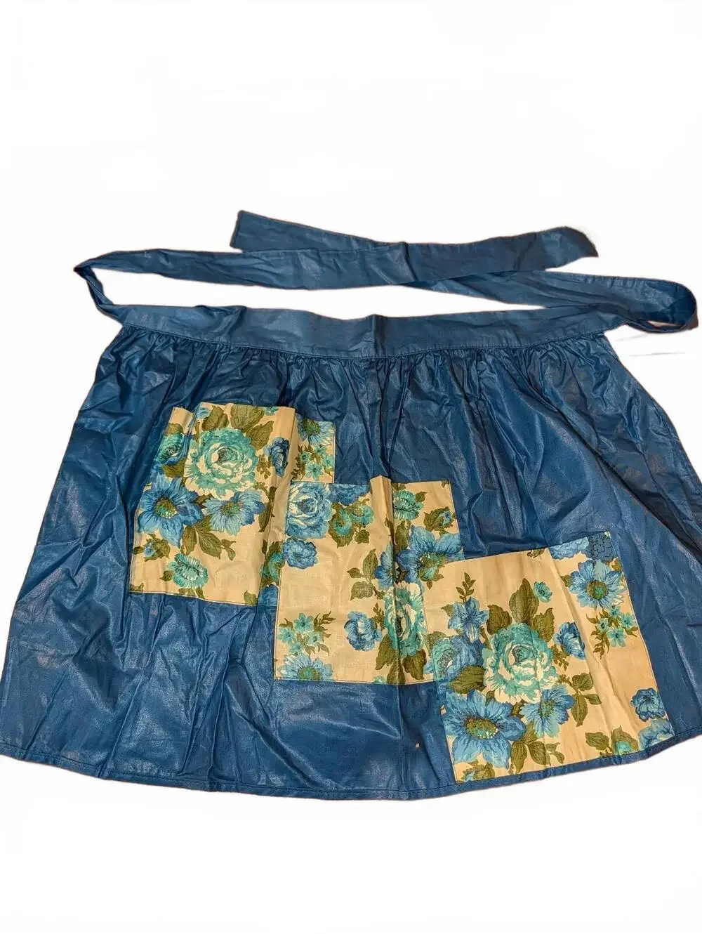 Vintage Blue Apron with Floral Patchwork Pockets